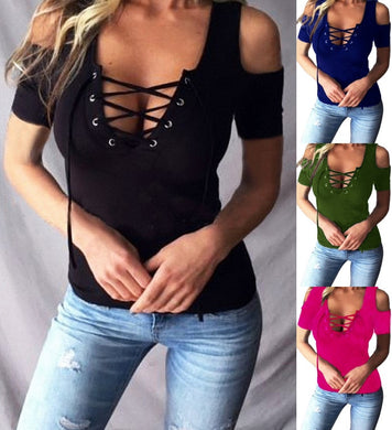 Women Top Blouse Lace Up Off-Shoulder Slim Fit Pullover