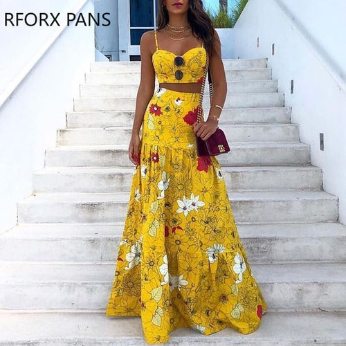 Women Summer Floral Print Two-Piece Maxi Dress