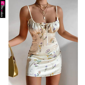 Floral Print Satin Spaghetti Strap Dress