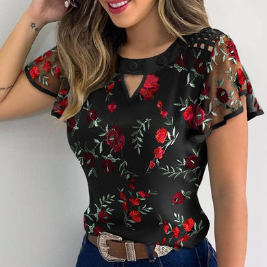 Summer floral embroidery Shirt Elegant Short Sleeve Ruffle Top