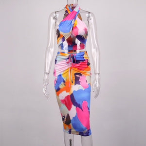 2021 sleeveless print bodycon midi dress spring summer