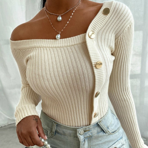 Women sexy Irregular Sweater, Long Sleeve Off Shoulder Knitwear