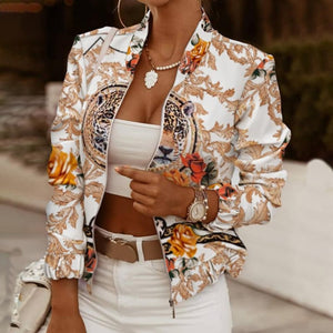 2021 Flower Print Long Sleeve Women's Bomber Jacket