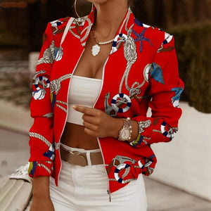 2021 Flower Print Long Sleeve Women's Bomber Jacket