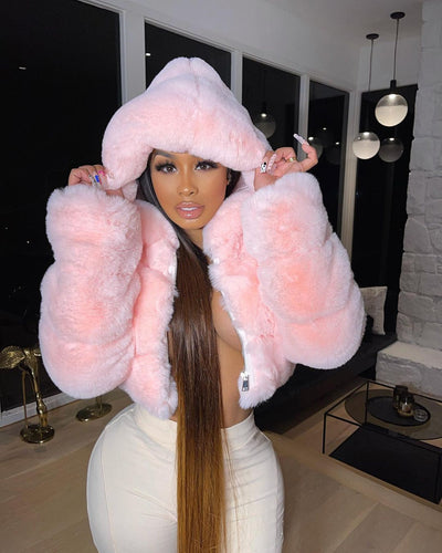 S-2XL Hooded Coat Women 2021 Winter Top Fashion Pink FAUX Fur Coat 